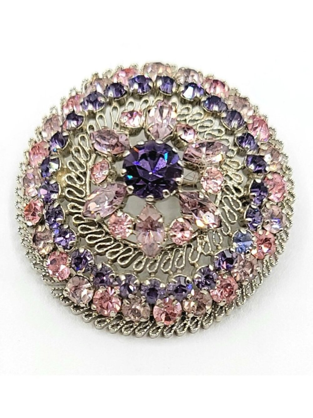 Austria Silvertone Pink Purple Rhinestone Domed Filigree Brooch